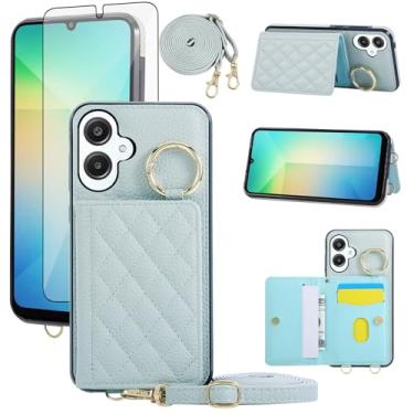 Imagem de Asuwish Capa para celular Samsung Galaxy A06 5G capa carteira e protetor de tela de vidro temperado alça de ombro transversal alça de ombro anel fivela suporte suporte cartão celular para Ao6 A 06 4G