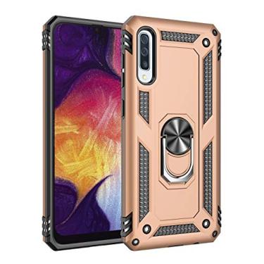 Imagem de SORAKA Capa para Samsung Galaxy A30s com suporte de anel capa protetora para Samsung Galaxy A50 capa traseira de policarbonato rígido com placa de metal para celular magnético suporte de carro dourado