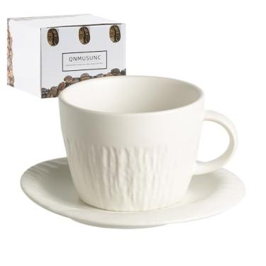Imagem de QNMUSUNC Copo de café com leite de cerâmica com pires, 200 ml, caneca de café, xícaras de café expresso para cappuccino, chá de leite e mocha, seguro para lava-louças e micro-ondas (branco)