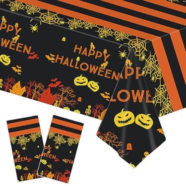 Imagem de CPCOIN Toalha de mesa descartável, pacote com 2, tema Happy Halloween, toalha de mesa de plástico com listras de abóbora, decorações de teias de aranha à prova de derramamento, suprimentos de festa