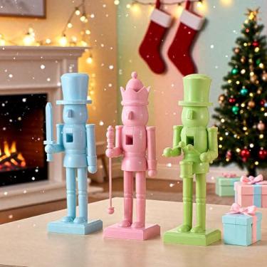 Imagem de Cinnvoice Boneco Quebra-Nozes de Natal de 25 cm, 3 peças, figuras de madeira, soldado moderno, quebra-nozes, enfeite de Natal, decoração de manto, decorações de Natal para mesa de casa (pastel)