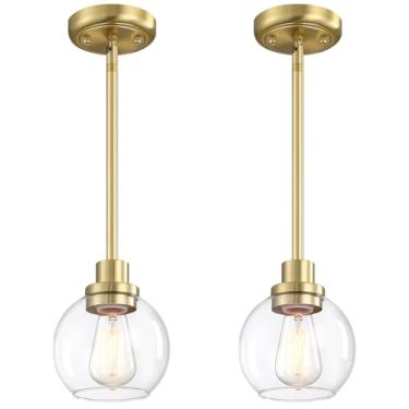 Imagem de gernehop Pacote com 2 lâmpadas pendentes globo dourado meados do século moderno luminária globo pendente ilha cozinha vidro leite luz pendente latão escovado acabamento com abajur de vidro de leite