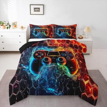 Imagem de Conjunto de edredom infantil Gamer, solteiro, moderno, console de jogos, reversível, para quarto de adolescentes, edredom acolchoado hexagonal, colmeia neon com 1 fronha