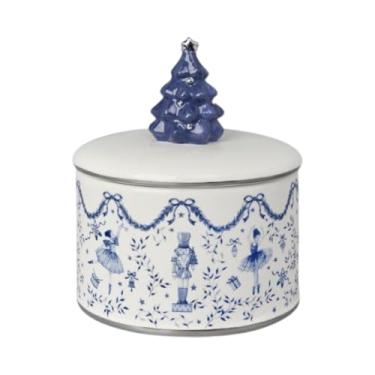 Imagem de Prato coberto de árvore de Natal azul de 19 cm – Prato de servir de porcelana natalina pintado à mão – Utensílios de mesa festivos para entretenimento de férias