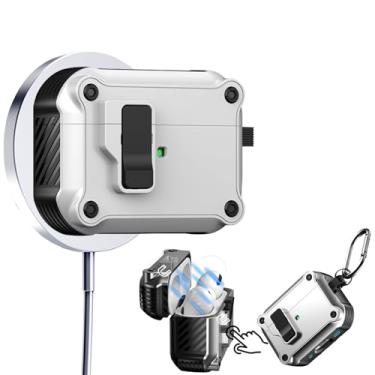 Imagem de Ysnzaq Capa para Apple AirPods 4, trava automática magnética, suporta carregamento sem fio, capa resistente para fone de ouvido com chaveiro para AirPods 4 JJK branco