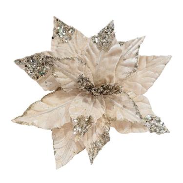 Imagem de Flor Bico de Papagaio Natal Pick Veludo Champanhe Glitter e Lantejoulas Luxo 28cm