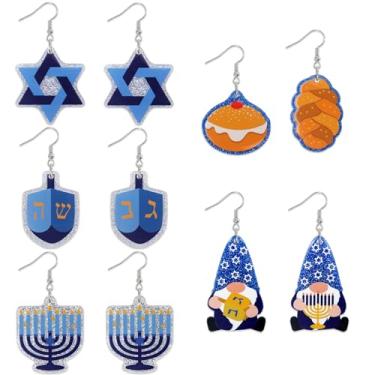 Imagem de 5 pares de brincos de acrílico de Hanukkah brincos pendentes de Chanucá Brincos de gota de gnomo de Hanukkah Menorah Dreidel Brincos de gancho para mulheres meninas presentes de Hanukkah Presentes de festa de Natal suprimentos, Acrílico, acrílico