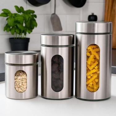 Imagem de Jogo Pote Hermético Vidro e Inox com Visor 3pçs Mimo Style para Organi