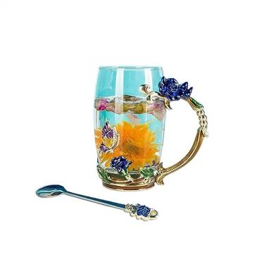 Imagem de hezhuhe2258 Caneca azul esmalte cristal xícara de chá caneca de café flor copo de água com colher copo de vidro copo presente caneca de café (B)