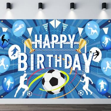 Imagem de Faixa de aniversário de futebol, faixa de futebol de feliz aniversário, com designs de gol de troféu, pano de fundo de tema de futebol azul branco para meninos, meninas, adultos, fundo fotográfico