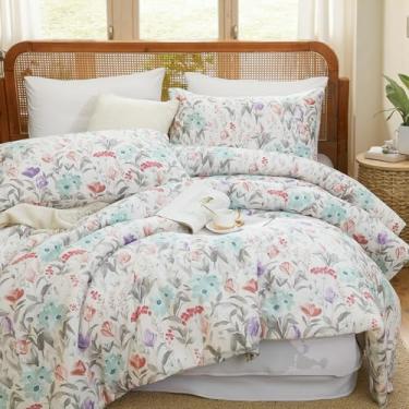 Imagem de Merryword Jogo de cama com edredom floral, tamanho Queen, 100% algodão, vermelho, roxo, verde, floral, botânico, macio, pastoral, reversível, 3 peças