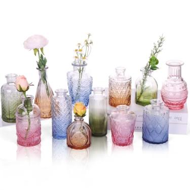 Imagem de CUCUMI Pacote com 12 vasos de vidro coloridos, pequenos vasos vintage coloridos para centros de mesa, vasos de flores decorativos para decoração de mesa de casa de casamento (âmbar, azul, verde, rosa)