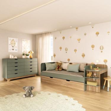 Imagem de Quarto Infantil Cama de Solteiro 3 em 1 e Cômoda 10 Gavetas em MDF Premium Helena e Alice Verti/Louro Freijó Grann