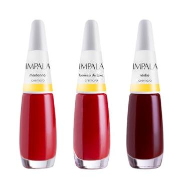 Imagem de Kit 6 Esmaltes Impala Tons de Vermelho Cremosos Perolados (Madonna + Boneca Luxo + Vinho)