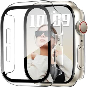 Imagem de JR.DM Pacote com 2 capas rígidas de policarbonato de 46 mm com protetor de tela de vidro temperado HD para Apple Watch Series 10, capa protetora de proteção total contra arranhões para iWatch, preto +