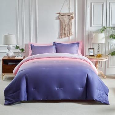 Imagem de Conjunto de edredom King cinza rosa e roxo dégradé elegante em uma bolsa - Jogo de cama reversível para todas as estações com edredom, lençol de cima, lençol com elástico, 2 fronhas e 2 fronhas