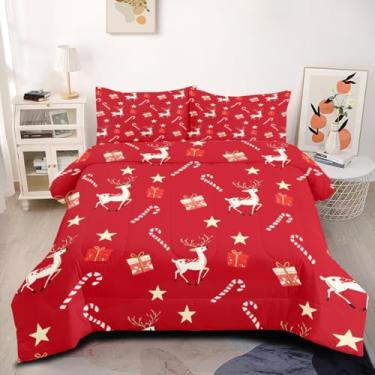 Imagem de CCoutueChen Conjunto de edredom solteiro, desenho animado de rena vermelha para meninos e crianças, cama de microfibra quente com 1 fronha/68 x 86