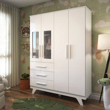 Imagem de Guarda-Roupa de Bebê Retrô 4 Portas 3 Gavetas 100% Mdf Branco Brilho - Móveis Peroba