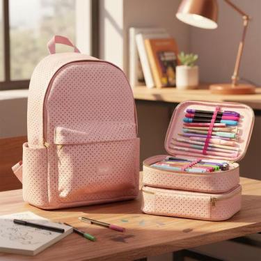 Imagem de Kit Mochila 2 Bolso E Estojo Perfurado Em Pu 100 Caneta Rosa - BRW