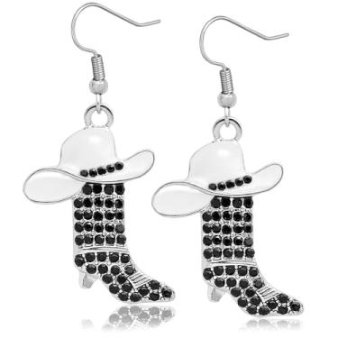 Imagem de Western West Cowgirl Texas Boots Spur Brincos pendentes Country Concert Outfit Accessories Rodeo Boho fantasia de vestido chique, cristal preto, botas prateadas e chapéu branco