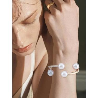 Imagem de 1 pulseira de liga metálica, pulseira decorativa de pérola sintética para mulheres, diâmetro interno: 2-1/4x1-7/20.3 cm (5,85 x 4,75 cm), Medium, Liga de aço, Sem Pedra Preciosa