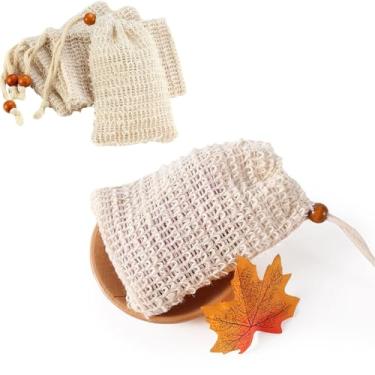 Imagem de Pacote com 5 sacos esfoliantes de sabonete, protetor de sabão natural feito à mão, de malha de sisal, saco de sabão em barra com cordão para uso em banho e chuveiro