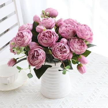 Imagem de 1 peça de flores artificiais de peônia pano de seda flores falsas decoração de casa flores simuladas vaso de mesa ornamento de buquê falso casamento festa festiva decoração de mesa de jantar roxo 30 x