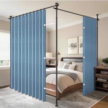 Imagem de AJAZZ Cortina divisória de ambiente (2 painéis, azul, L 259 x C 236 cm) + haste de cortina de tensão sem perfuração (A) 103-120 × (L) 183-508 cm, para privacidade/cortinas à prova de som, separador de