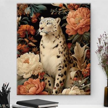 Imagem de Arte de parede botânica vintage majestosa leopardo de neve emoldurada - Decoração de parede com flores escuras Academia para quarto, sala de estar, casa, 20 x 25 cm