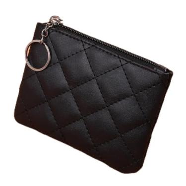 Imagem de Mini bolsa feminina de couro acolchoado com porta-cartões com zíper superior bolsa cosmética com chaveiro, Preto, Carteira pequena