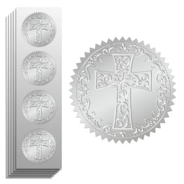 Imagem de Peacoblue Selo de adesivo de folha de prata em relevo cruz estampada 5 cm 100 peças para decoração de cartão de presente de Natal, selos de envelope, convite de festa de família, adesivos em relevo