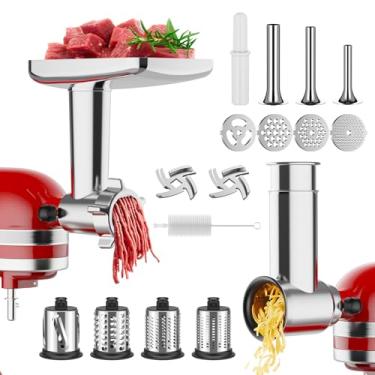 Imagem de Acessório para moedor de carne e ralador de queijo para batedeira KitchenAid, moedor de carne com tubos de enchimento de salsicha, acessórios de triturador de fatiador, moedor de alimentos para