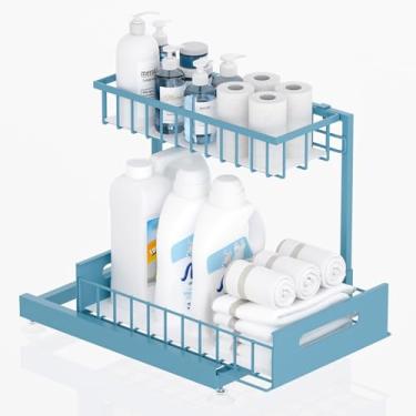 Imagem de Organizador de armazenamento sob a pia com 2 camadas de metal premium, altura ajustável, fácil instalação | Organizadores de cozinha e banheiro, pacote com 1 azul-petróleo