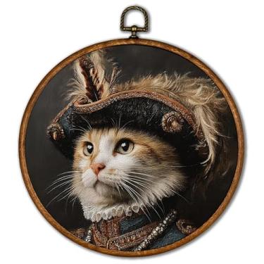 Imagem de KSDUT Royal Cat Wall Art Decor - Dark Academia Pet Lovers Gift Wall Art Canvas Frame Hanging Prints, retrô vintage real animal de estimação decoração de arte redonda para decoração de casa de fazenda