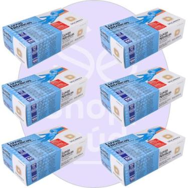 Imagem de Kit 06 Luva Descartável Nitrílica Sem Pó Azul M Descarpack
