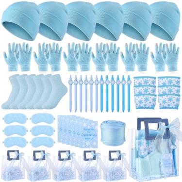 Imagem de Shihanee 6 conjuntos de prêmios de chá de bebê para jogos de casamento, chá de panela, lembrancinhas incluem gorro, chapéu, luvas de tela sensível ao toque, meias felpudas de pelúcia, máscara de sono