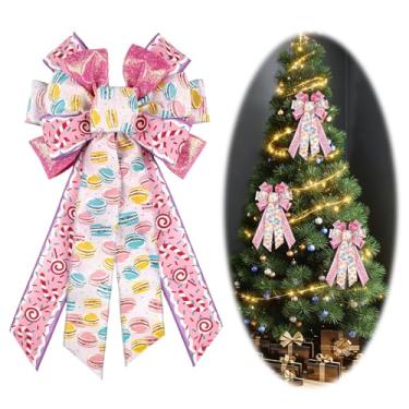 Imagem de ALIBBON Grande laço de Natal para grinaldas, guirlanda de Natal de bengala doce laço de fita macaron rosa com glitter para porta da frente, decorações de Natal, laços de topo de árvore de Natal para
