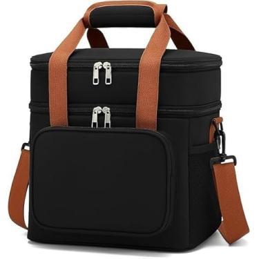 Imagem de Bolsa Térmica Dupla Camada para Almoço e Marmita, Preta com Alças Marrons, Compartimentos Isolados, Zíper Duplo, Alça Ajustável (preto)