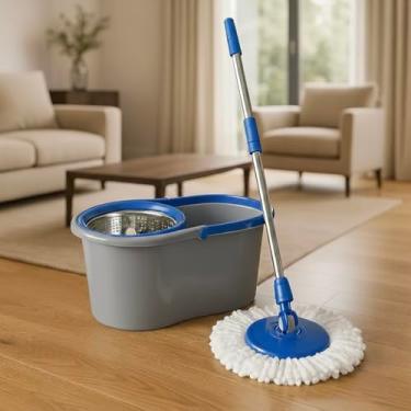 Imagem de Clean Tech Mop Giratório 360°, Conjunto com Balde 8 Litros, Microfibra e Aço Inox, Cabo Extensível, Sistema Lava e Seca, Azul e Cinza