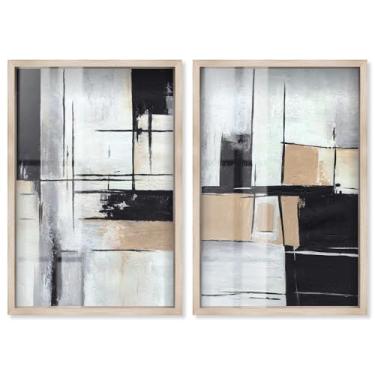 Imagem de Conjunto de 2 painéis de geometria neutra de luxo Shadowbox Print Wall Art por Art Remedy, moldura branca, 53 x 78 cm