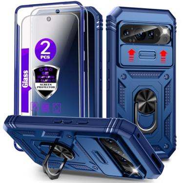 Imagem de Capa para Pixel 9/9 Pro com controle deslizante para câmera, 2 películas de vidro temperado, suporte de anel giratório de 360°, capa protetora de grau militar para Google Pixel 9/9 Pro 6,3 polegadas