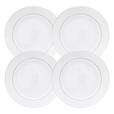Imagem de Jogo De Pratos Rasos Kit 4Pcs 27Cm Borda Prata Mônaco Branco - Wolff