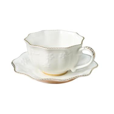 Imagem de FTNESGYM Caneca de cappuccino branca de 200 ml - Grande xícara de café de cerâmica com pires, xícara de chá e pires com acabamento dourado elegantes xícaras de café expresso florais para café, chá