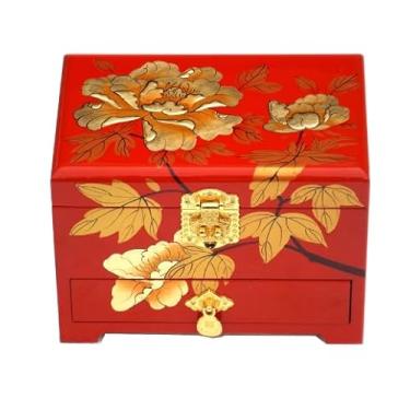 Imagem de Only My Live Home Caixa de joias pintada à mão com trava de gavetas, espelho, armazenamento de joias de madeira estilo chinês de 3 camadas com antiguidade, presente de casamento (vermelho (peônia), C