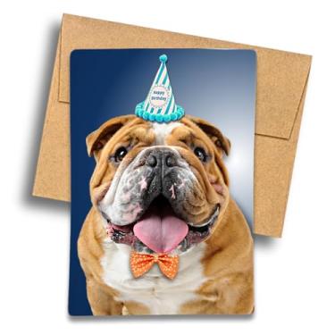 Imagem de Fava Bean Productions Cartão de feliz aniversário com buldogue inglês, cachorro usando chapéu de aniversário e design de gravata borboleta - 554