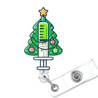 Imagem de Carretel de crachá de Natal, árvore de Natal, crachá retrátil com clipe jacaré, suporte de crachá de Natal, design de cordão de luz de agulha, rotação de 360°, clipes de suporte de nome de