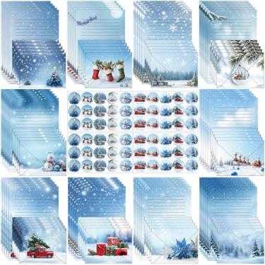 Imagem de Outus 160 peças de papel de papelaria de inverno e envelopes, flocos de neve azuis, envelopes de papel de escrita, adesivos de papelaria de inverno para anotações, cartões de felicitações, convites