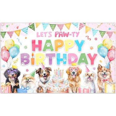Imagem de ZTHMOE Tecido 183 x 109 cm Pano de fundo de aniversário de cachorro fofo rosa pawty cachorrinho de desenho animado balões de animais de estimação bolo fotografia fundo infantil decoração de festa
