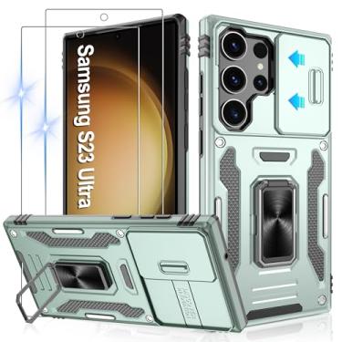 Imagem de Gritup Capa para Samsung Galaxy S23 Ultra com 2 protetores de tela HD e capa de câmera deslizante, proteção contra quedas de grau militar de 3 m, capa protetora com suporte de anel magnético, verde