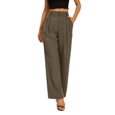 Imagem de Calça social feminina FUNYYZO, cintura alta, perna larga, café preto